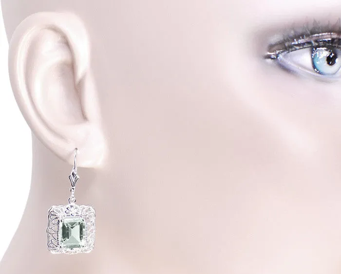 Art Deco Filigree Prasiolite Green Amethyst Drop Earrings in Sterling Silver