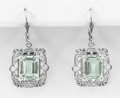 Art Deco Filigree Prasiolite Green Amethyst Drop Earrings in Sterling Silver