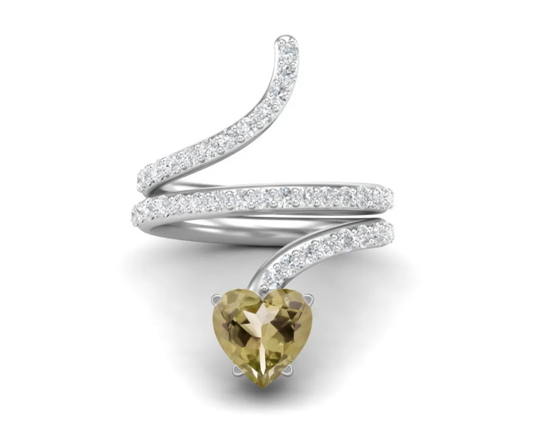 Art Deco Lemon Quartz Wrap Bypass Snake Ring Engagement Ring Unique 7MM Heart Shape Ring