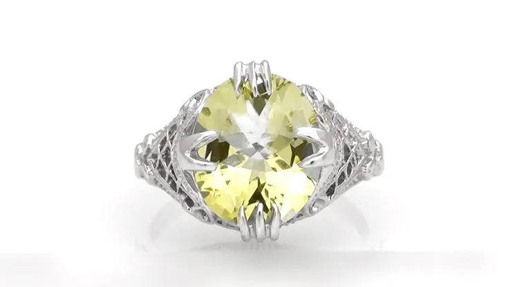 Art Deco Oval Filigree Lemon Quartz Statement Ring in Sterling Silver | 4.35 Carats