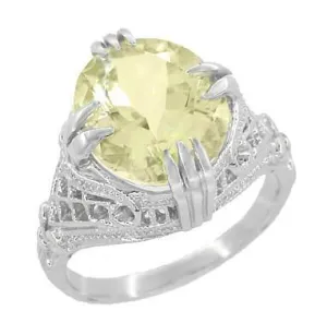 Art Deco Oval Filigree Lemon Quartz Statement Ring in Sterling Silver | 4.35 Carats