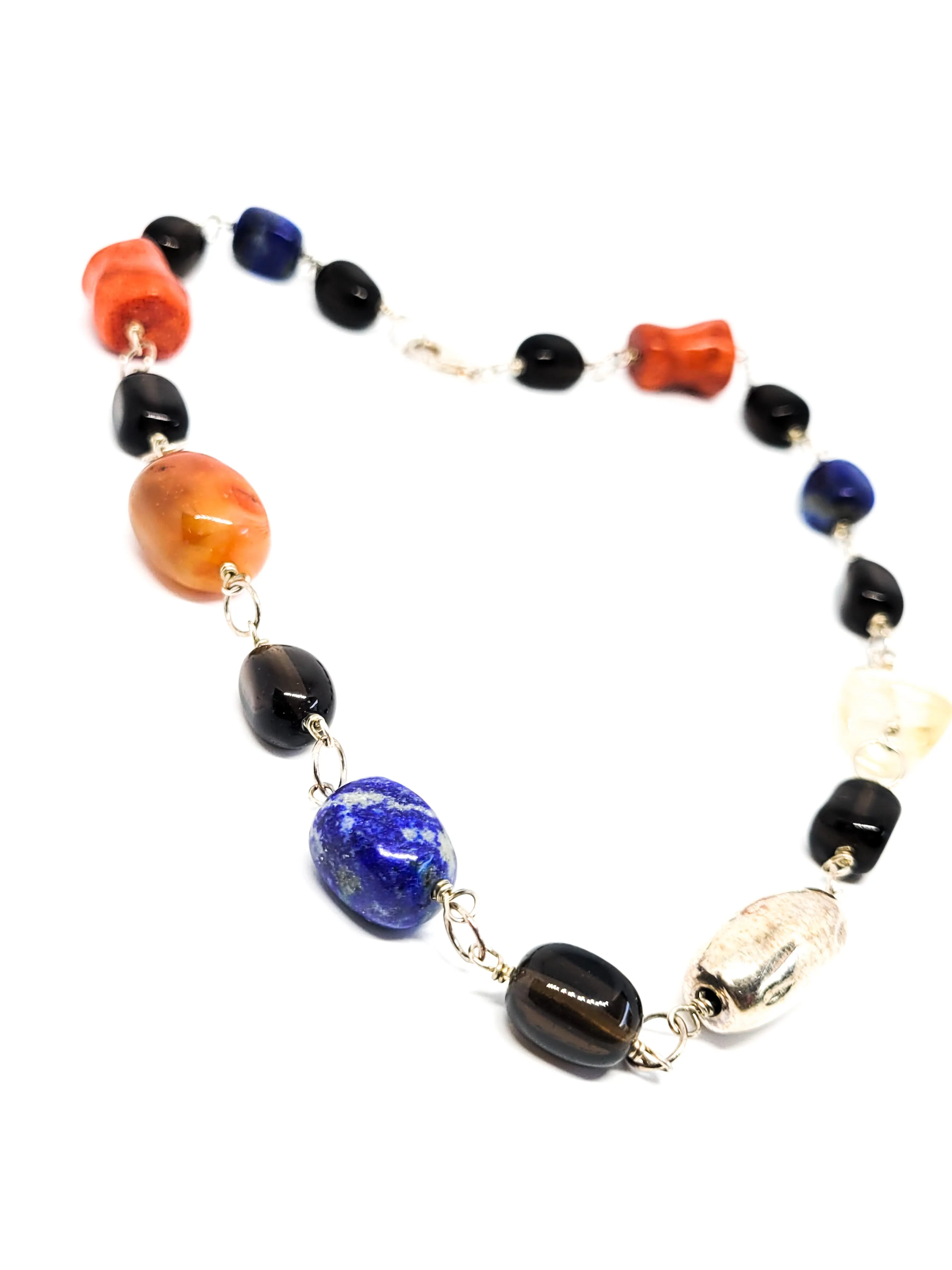 Artisan mutli gemstone lapis, coral quartz and carnelian sterling silver necklace 925