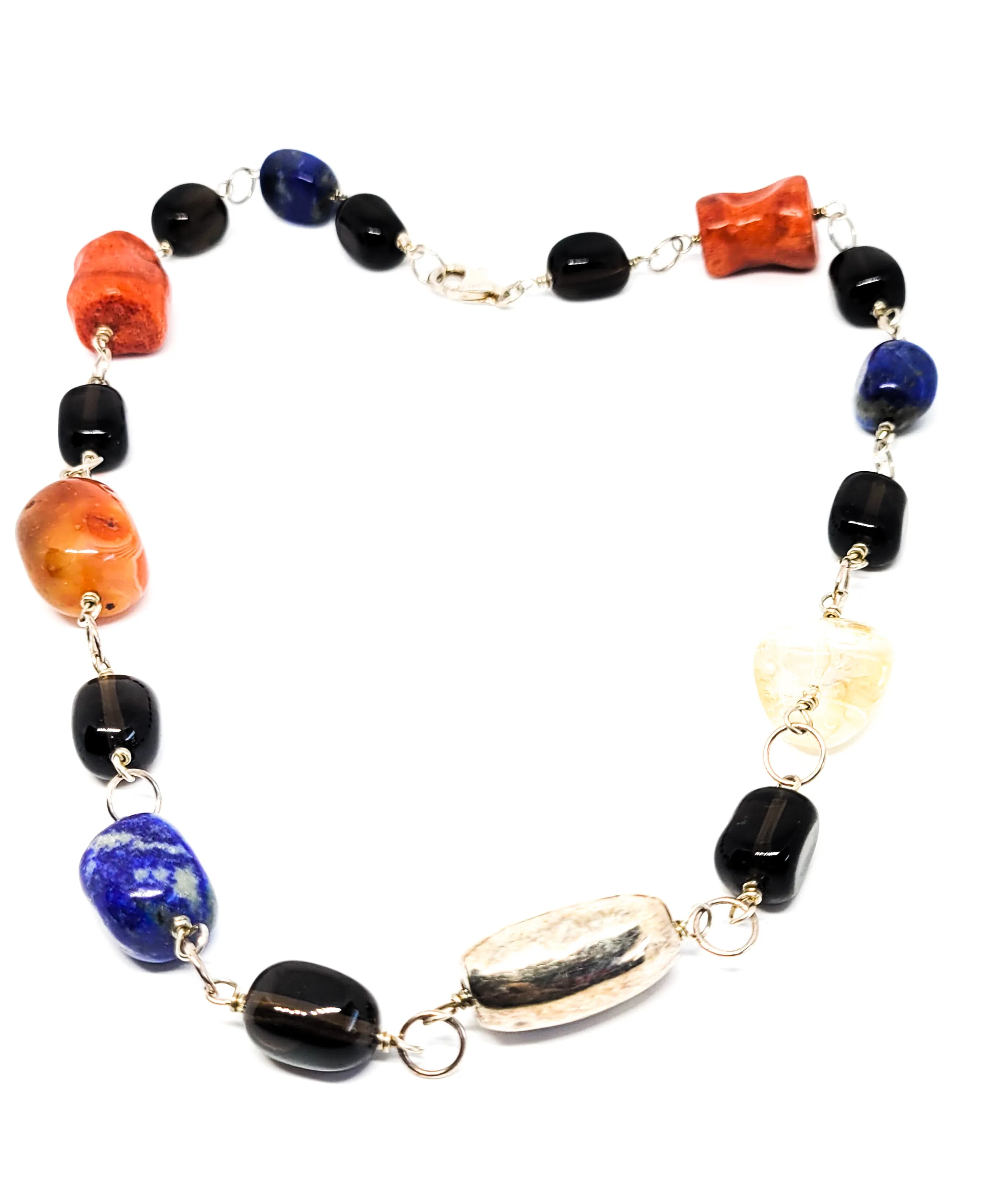 Artisan mutli gemstone lapis, coral quartz and carnelian sterling silver necklace 925
