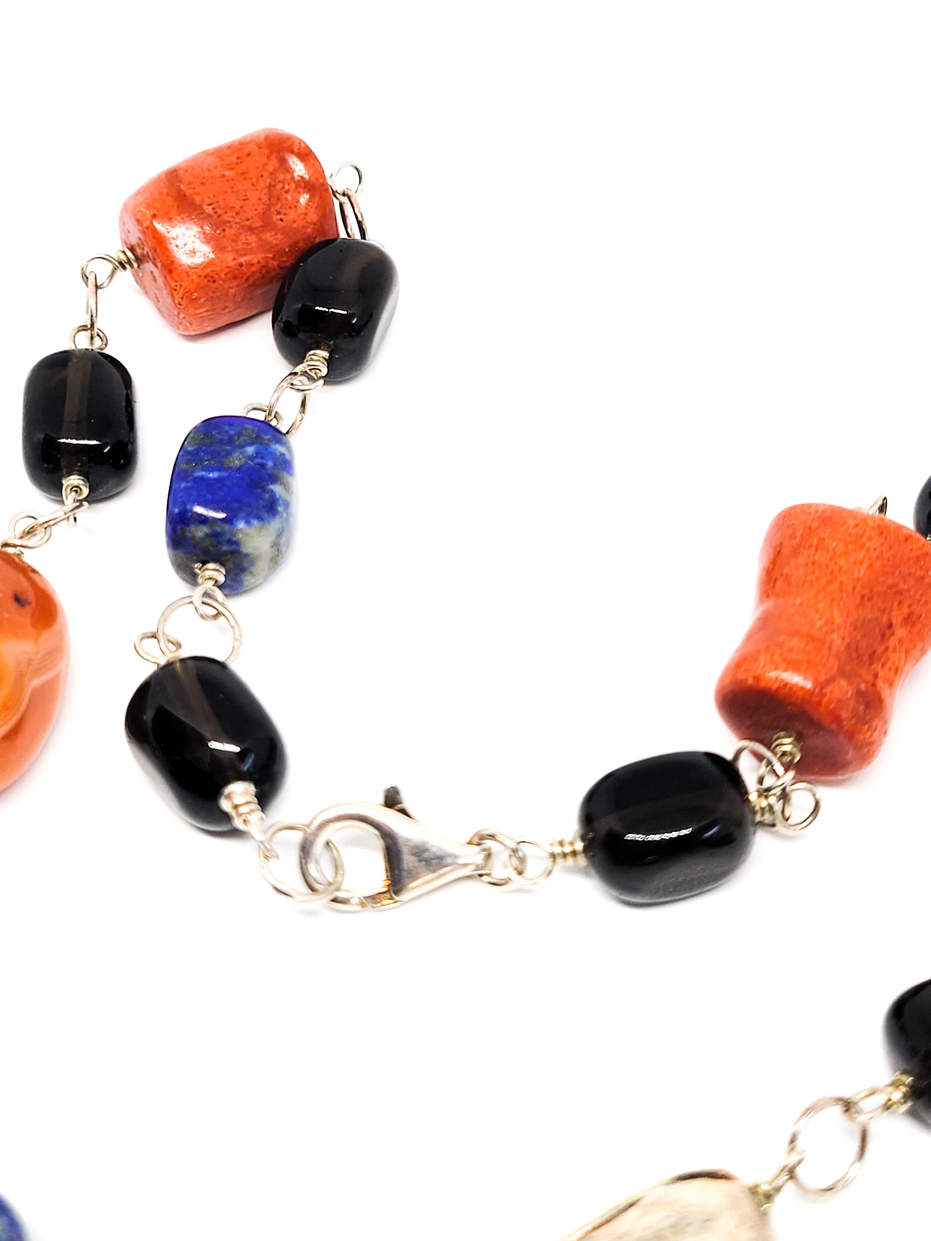 Artisan mutli gemstone lapis, coral quartz and carnelian sterling silver necklace 925