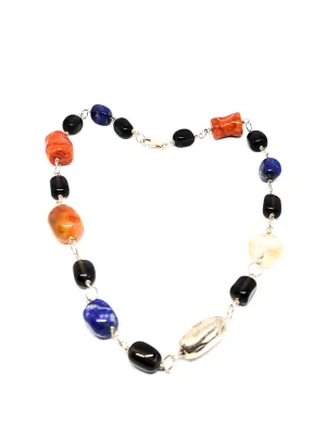 Artisan mutli gemstone lapis, coral quartz and carnelian sterling silver necklace 925