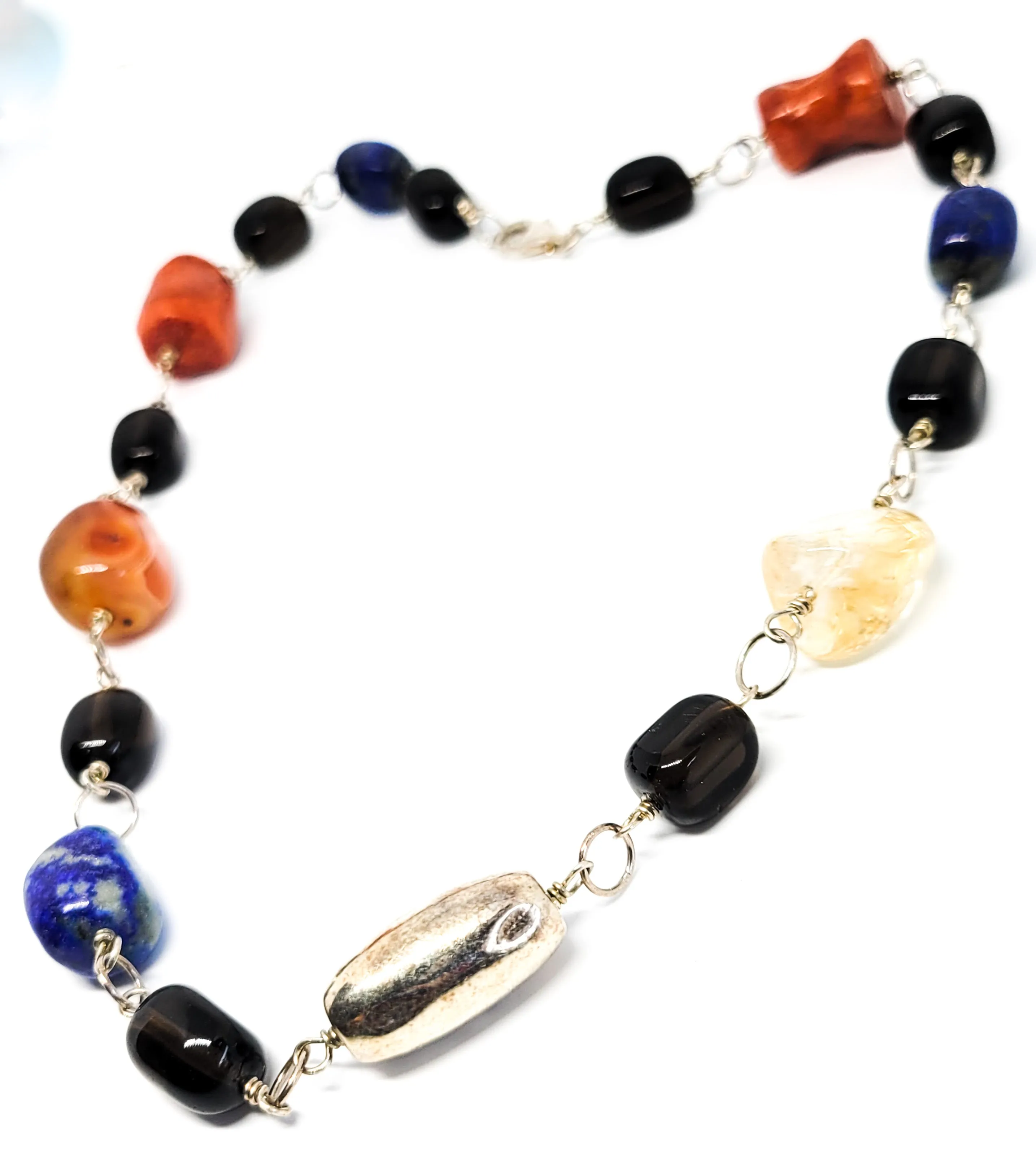 Artisan mutli gemstone lapis, coral quartz and carnelian sterling silver necklace 925