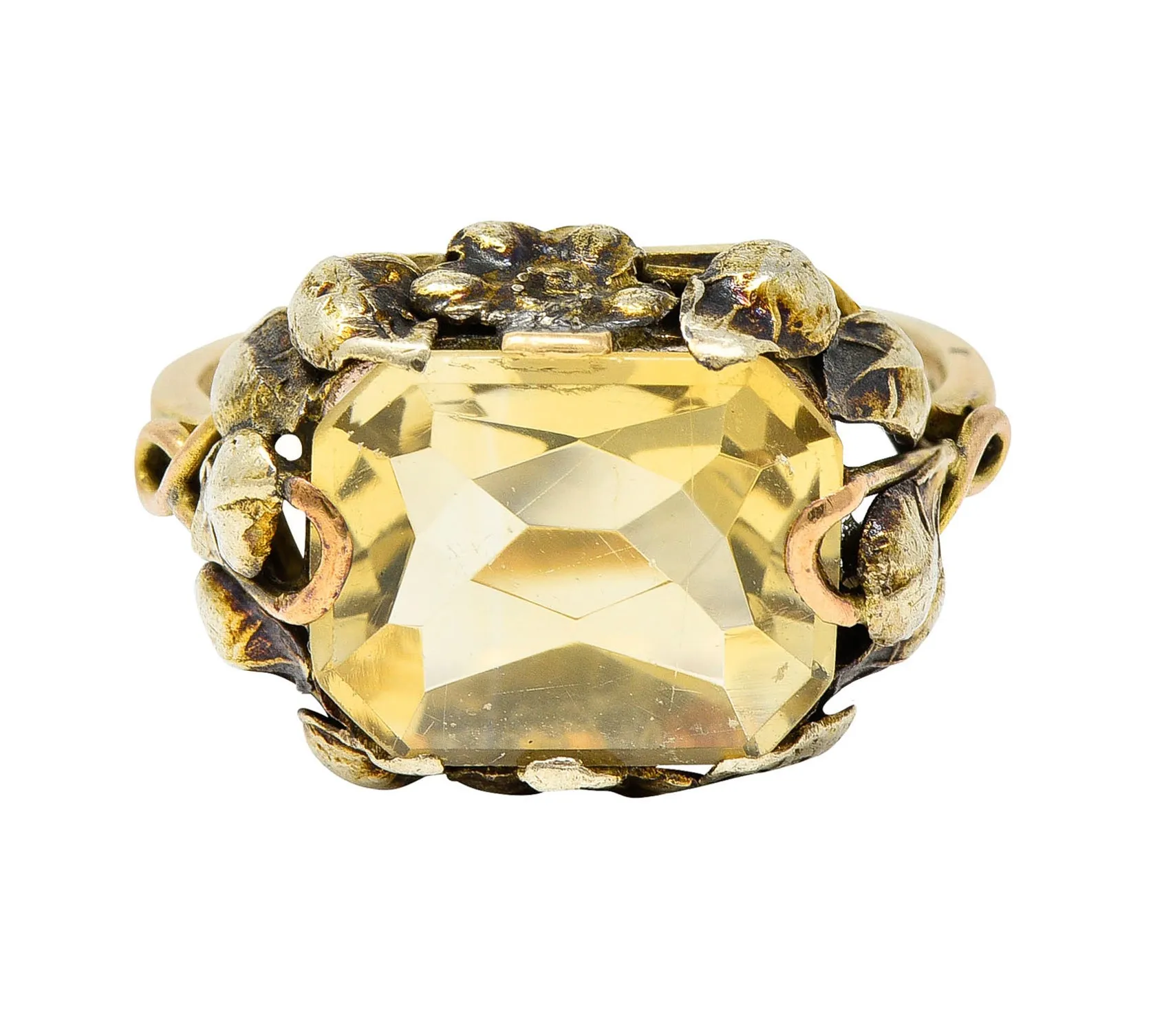 Arts & Crafts Vintage 14 Karat Two-Tone Gold Citrine Floral Ring