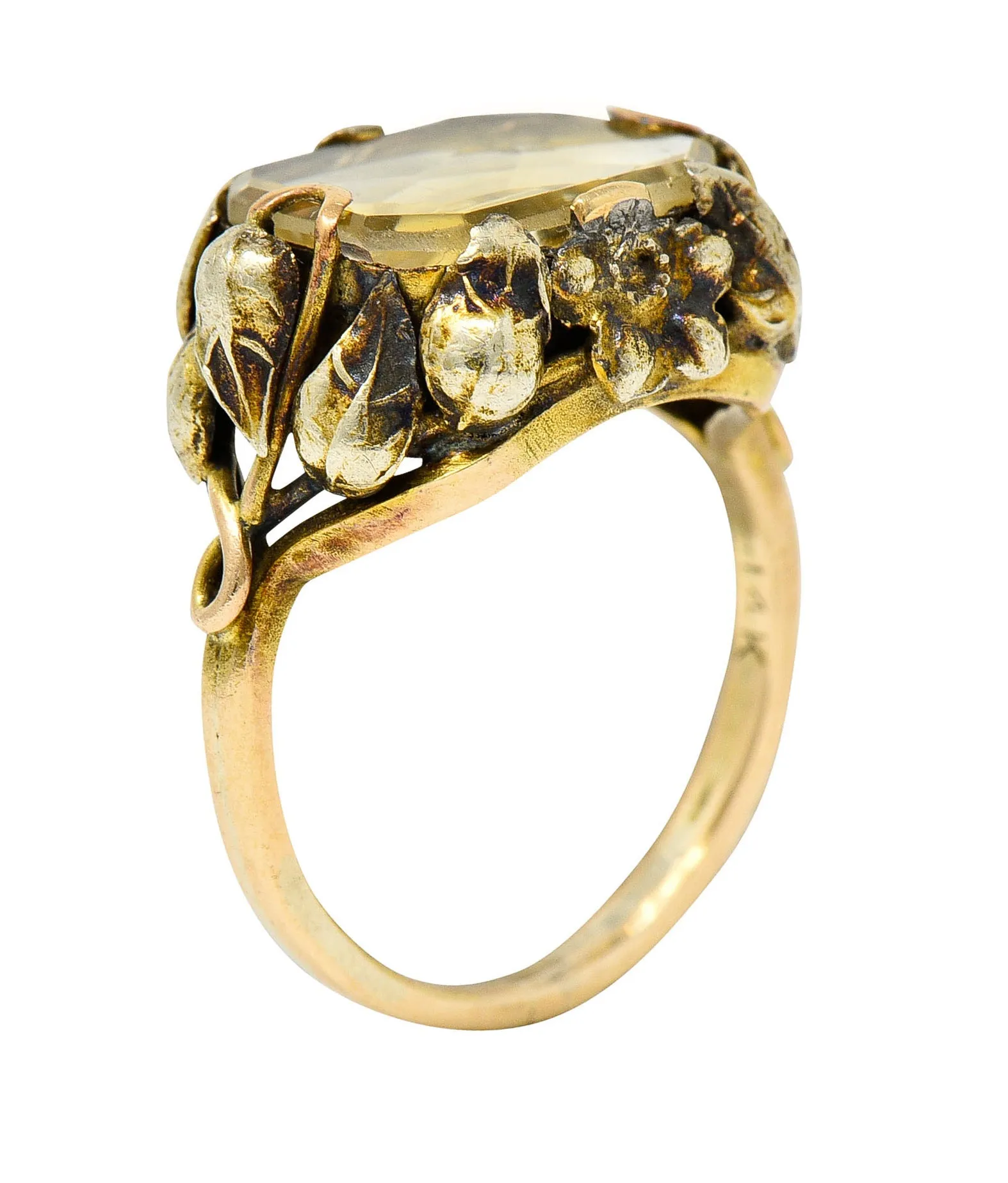 Arts & Crafts Vintage 14 Karat Two-Tone Gold Citrine Floral Ring