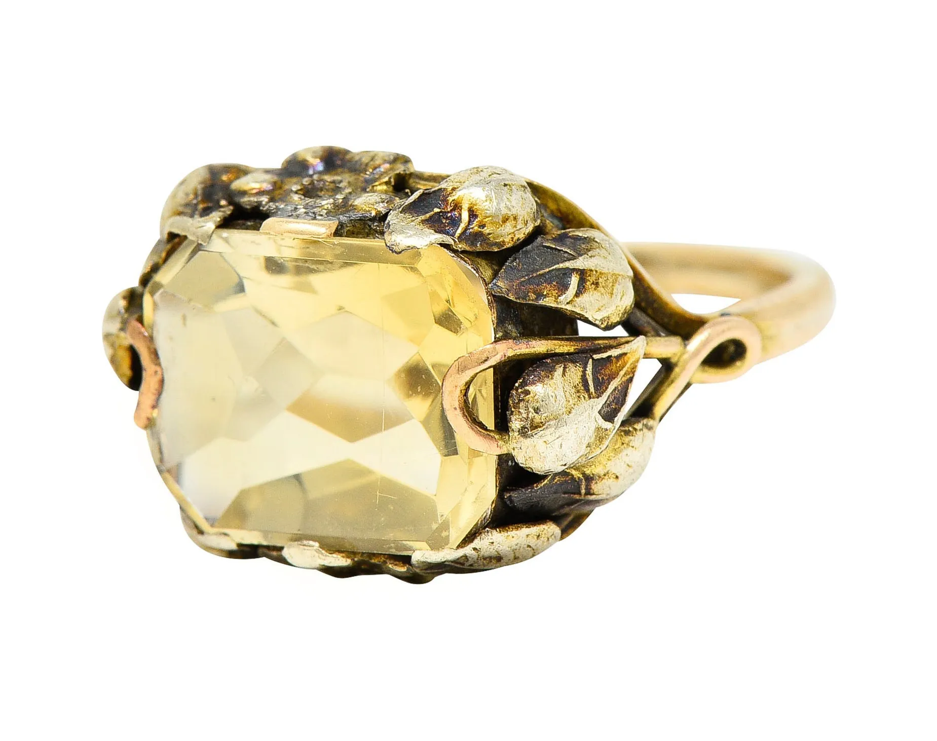 Arts & Crafts Vintage 14 Karat Two-Tone Gold Citrine Floral Ring