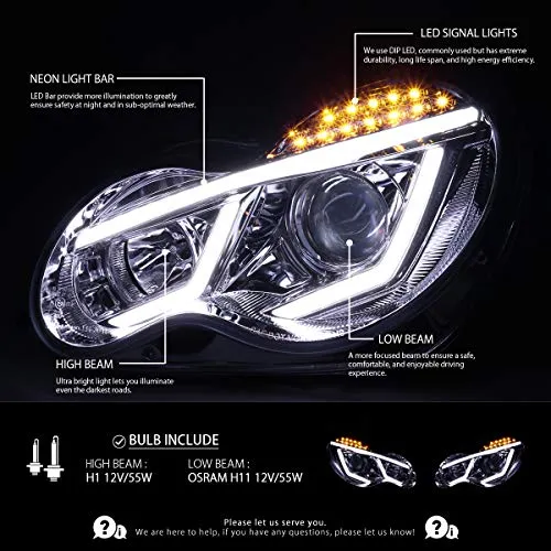 Autozensation For Mercedes Benz W203 C-Class 4matic Luxury Sport LED Strip Signal Clear Projector Headlights Pair