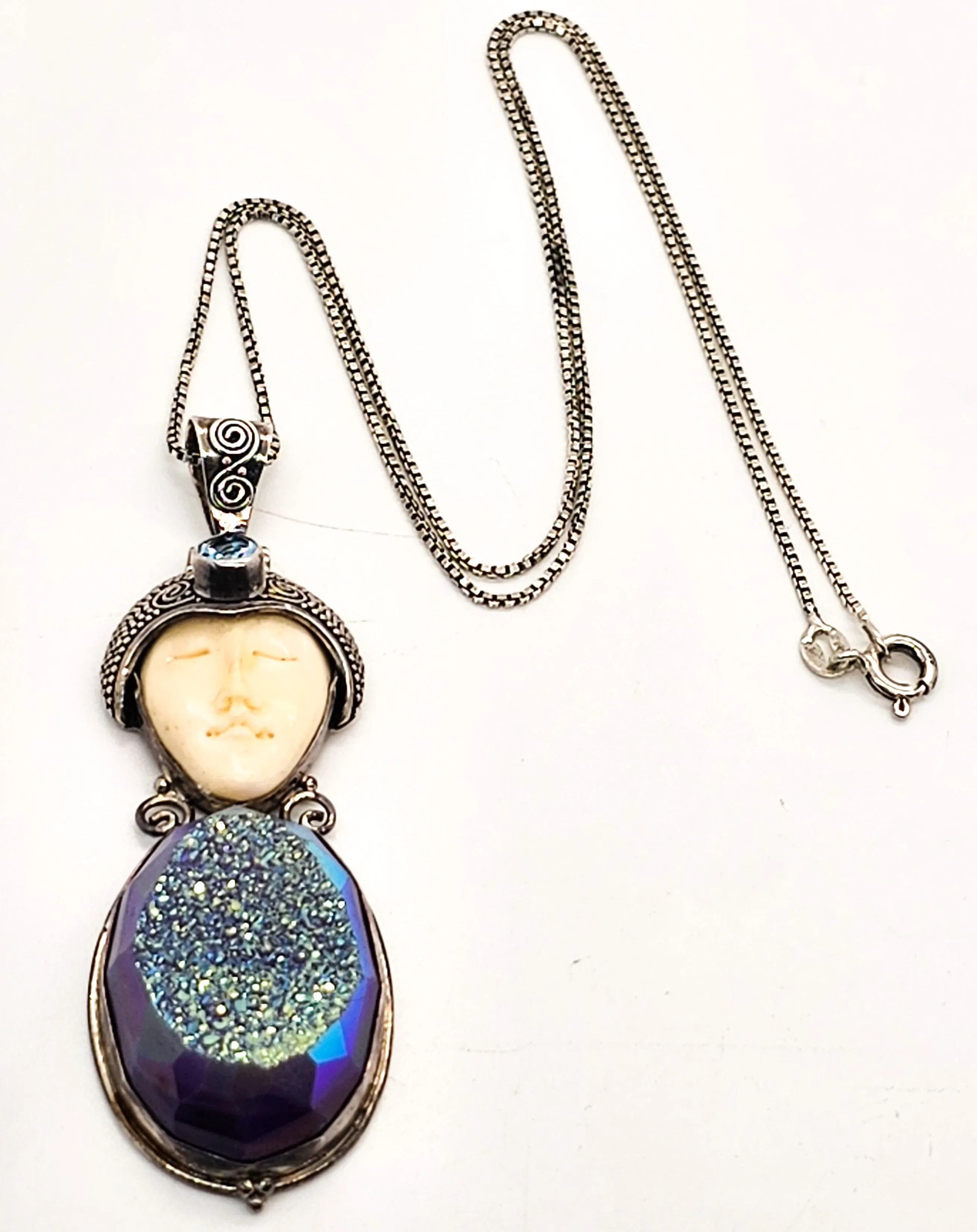 Balinese Goddess natural carved Purple Druzy blue topaz sterling silver necklace