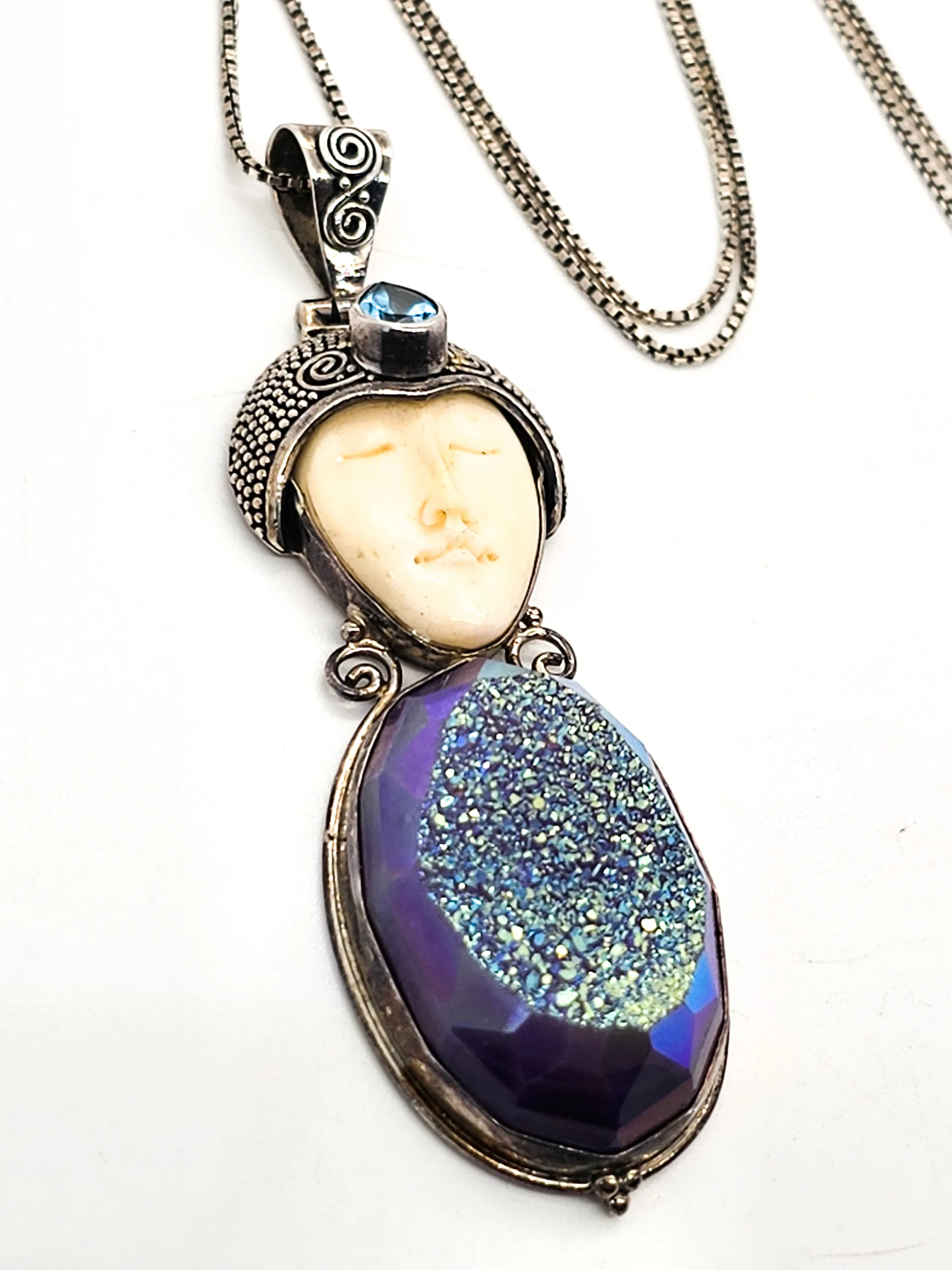 Balinese Goddess natural carved Purple Druzy blue topaz sterling silver necklace