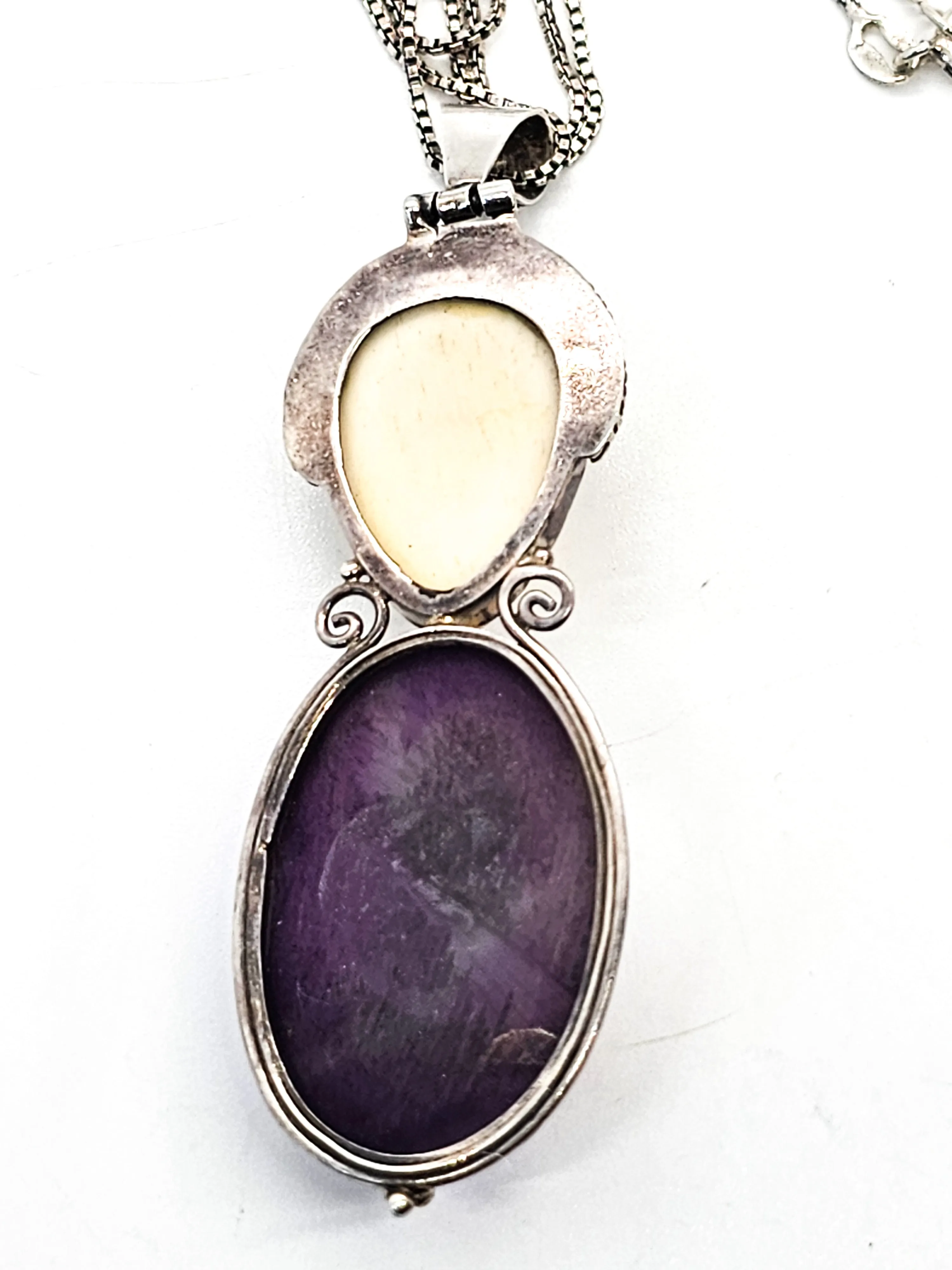 Balinese Goddess natural carved Purple Druzy blue topaz sterling silver necklace