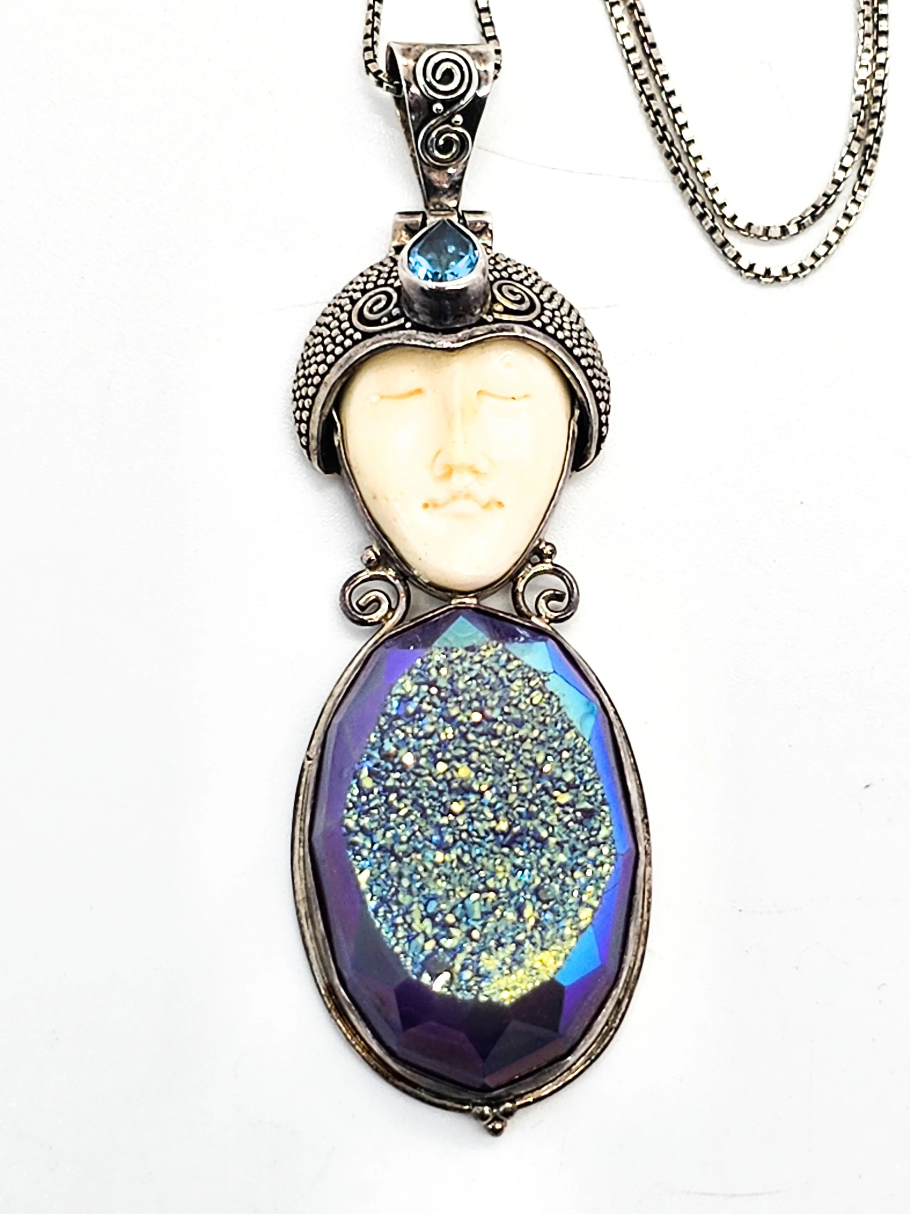 Balinese Goddess natural carved Purple Druzy blue topaz sterling silver necklace