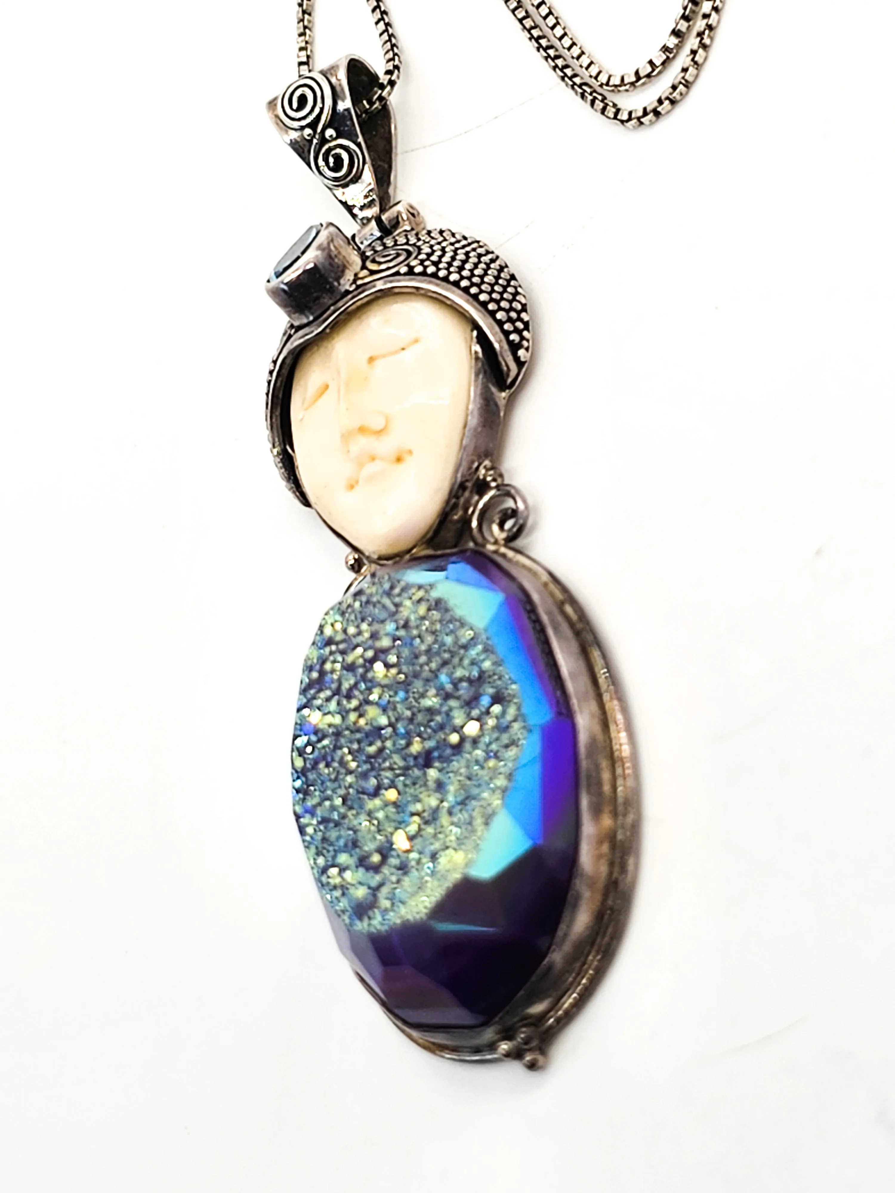 Balinese Goddess natural carved Purple Druzy blue topaz sterling silver necklace