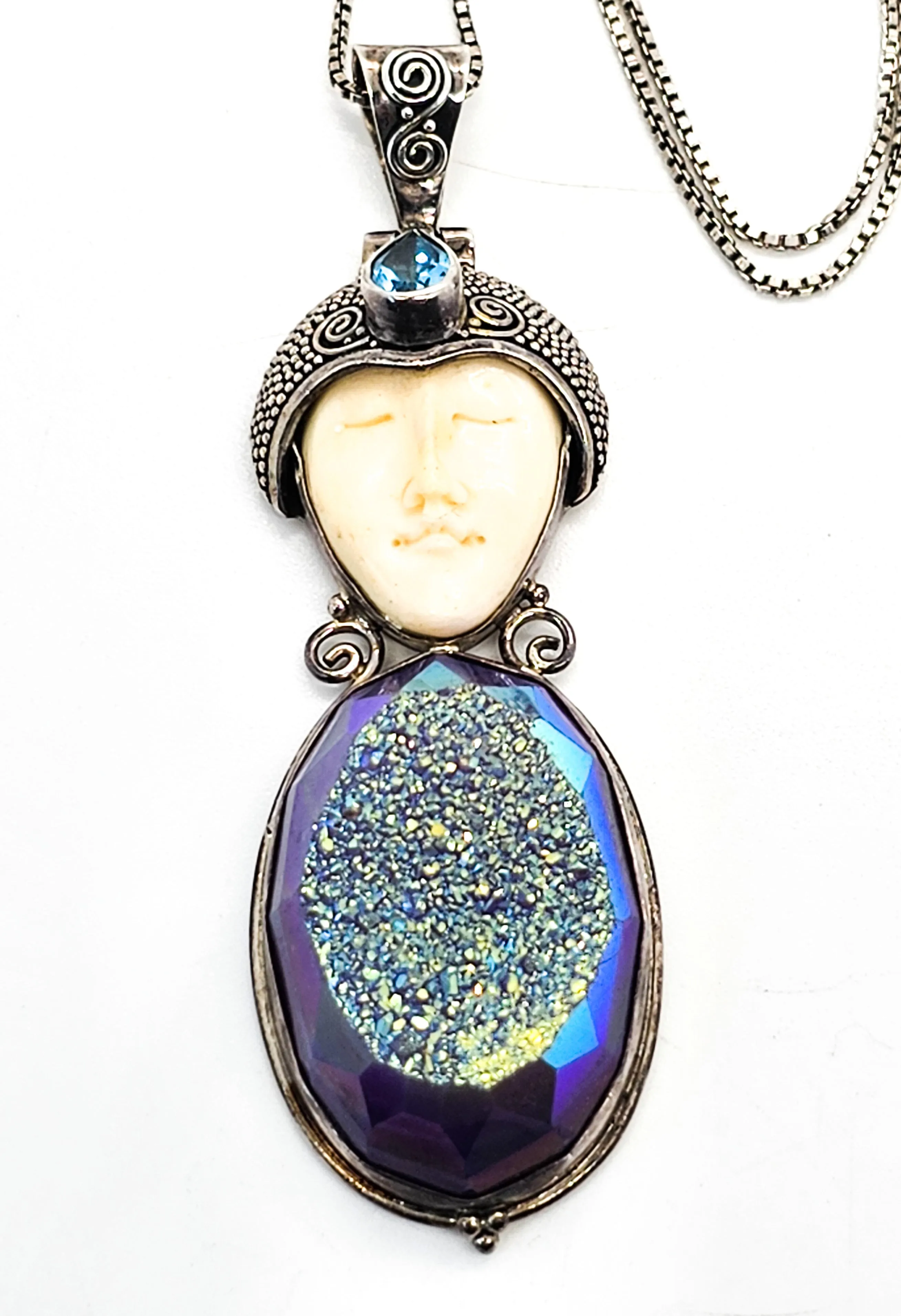 Balinese Goddess natural carved Purple Druzy blue topaz sterling silver necklace