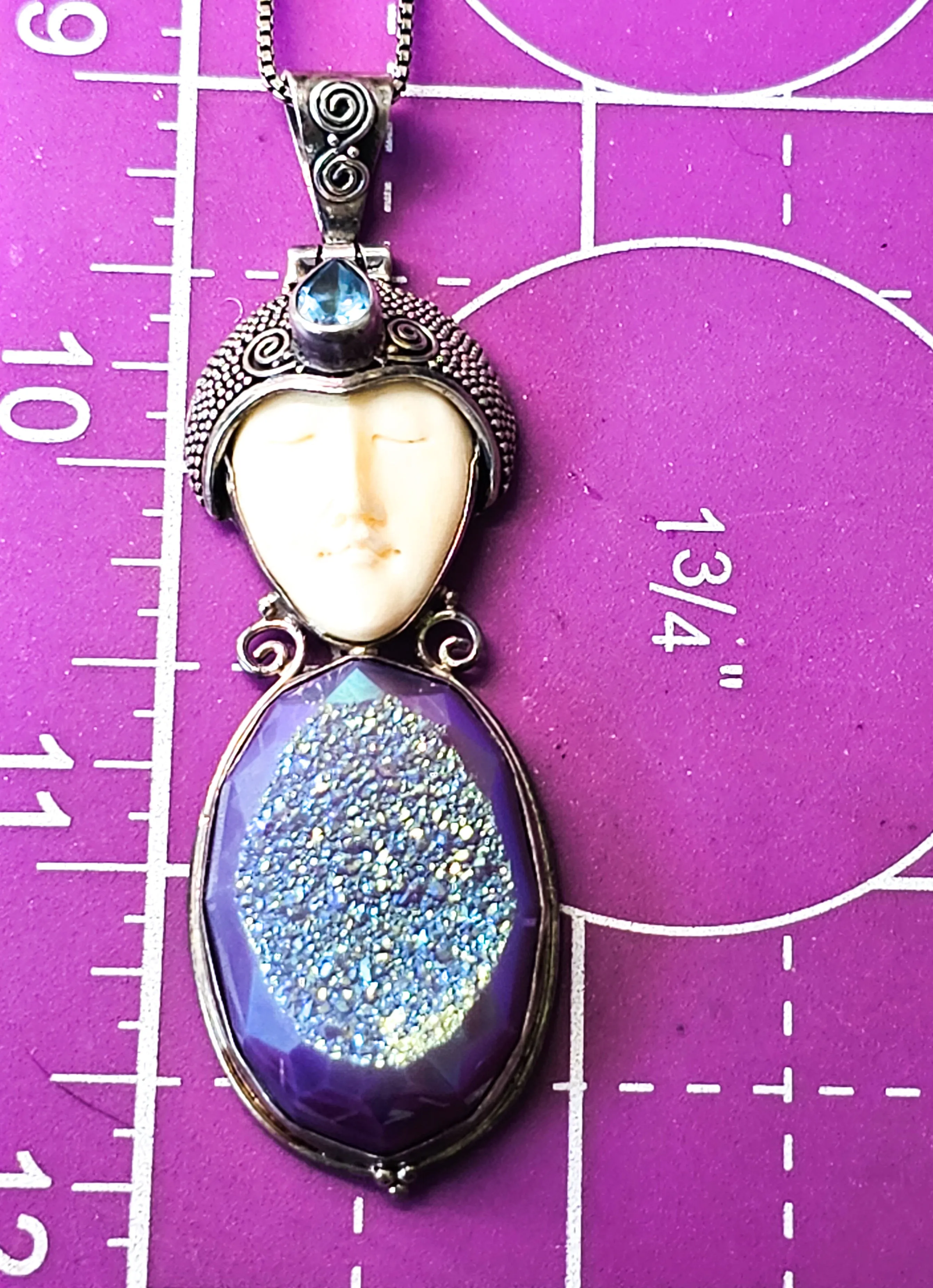 Balinese Goddess natural carved Purple Druzy blue topaz sterling silver necklace