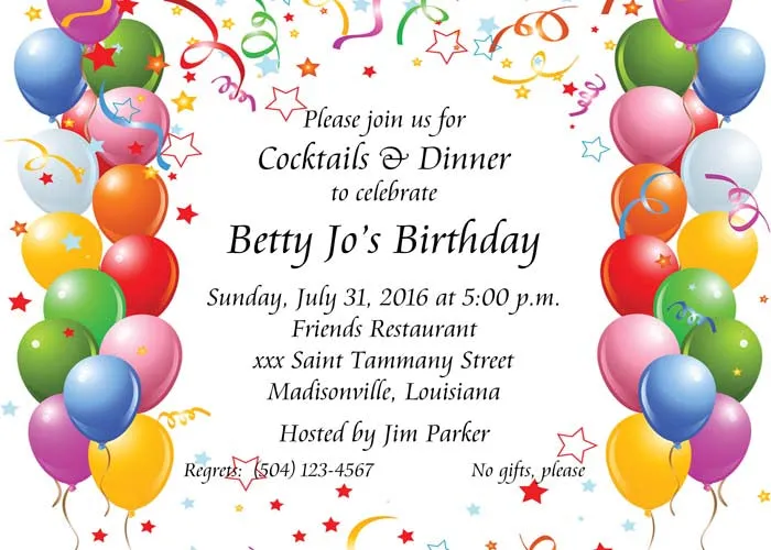 BALLOONS AND CONFETTI BIRTHDAY CUSTOM INVITATION