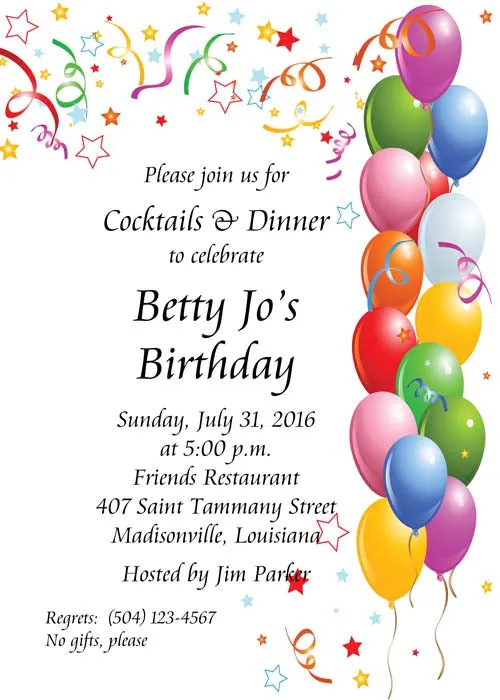 BALLOONS AND CONFETTI BIRTHDAY CUSTOM INVITATION