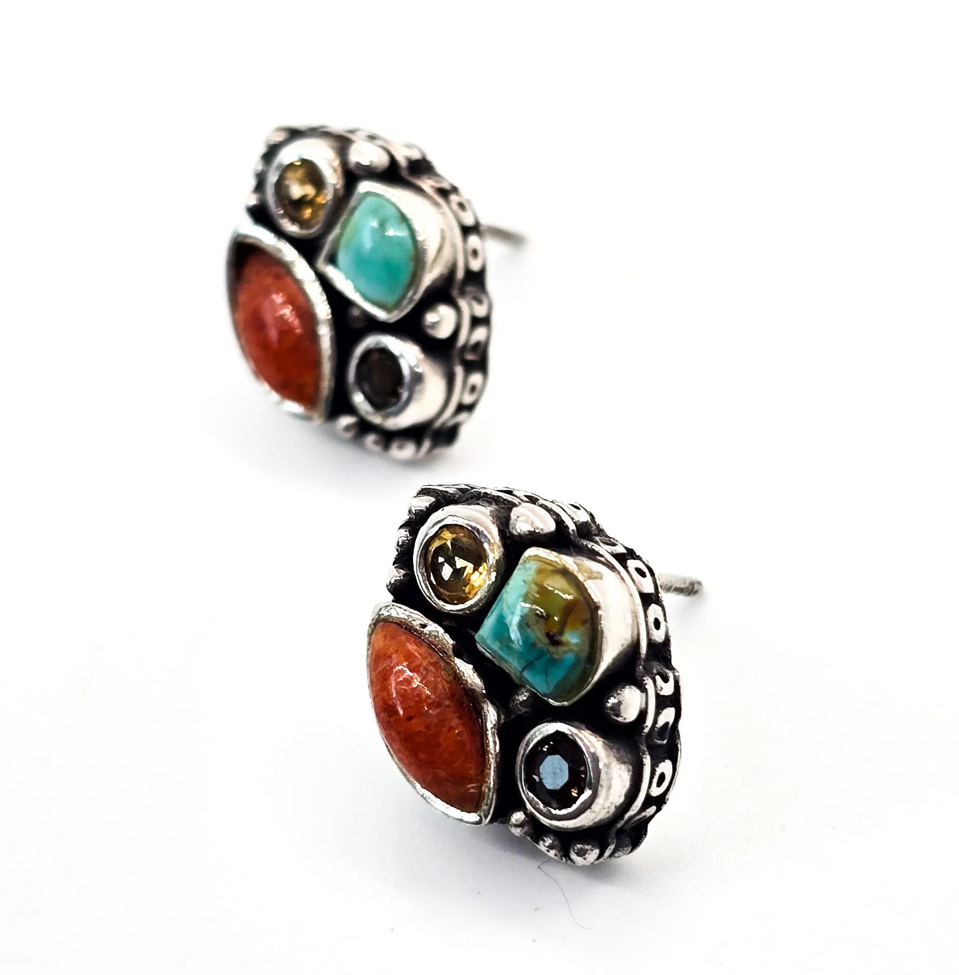 Barse multi gemstone sterling silver stud earrings turquoise smokey quartz citrine coral