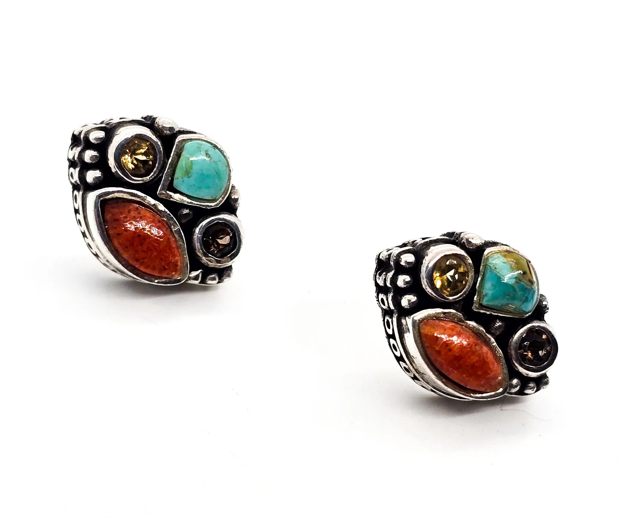 Barse multi gemstone sterling silver stud earrings turquoise smokey quartz citrine coral