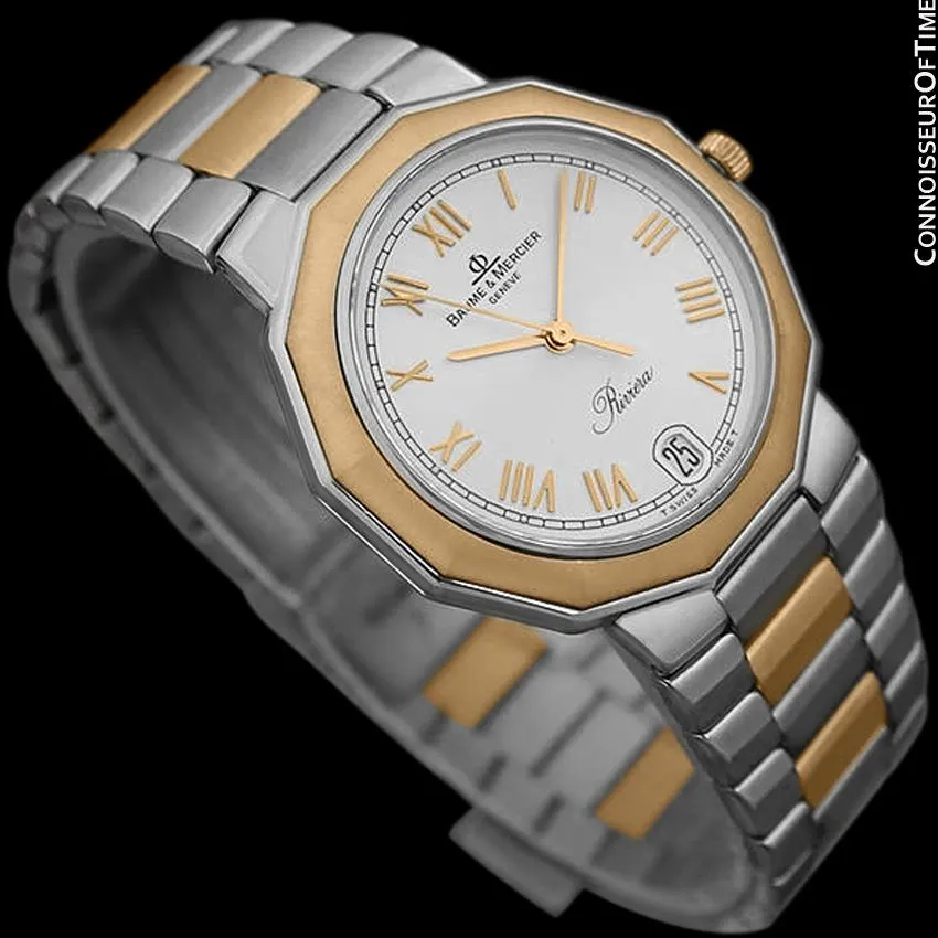 Baume & Mercier Mens Riviera Two-Tone Silver DIal Watch - Stainless Steel and Solid 18K Gold