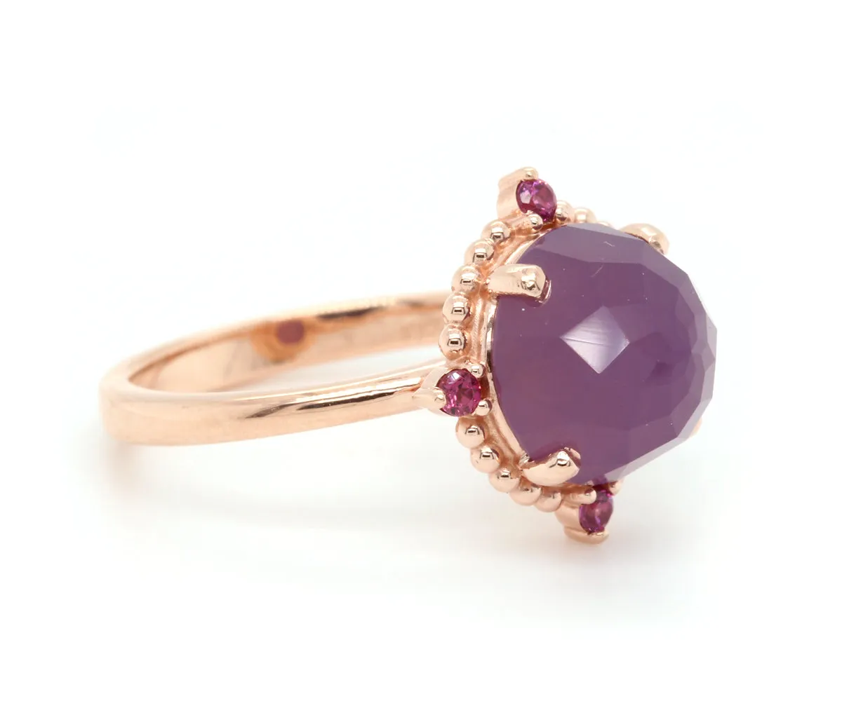 Beaded Halo Sage Chalcedony Garnet Rose Gold Ring