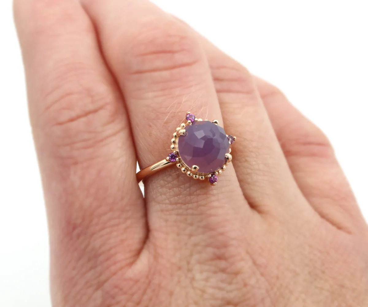 Beaded Halo Sage Chalcedony Garnet Rose Gold Ring