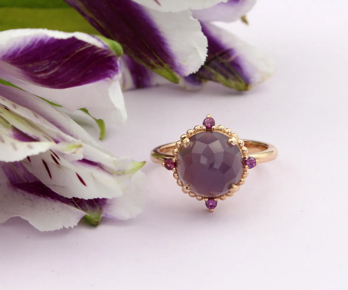 Beaded Halo Sage Chalcedony Garnet Rose Gold Ring