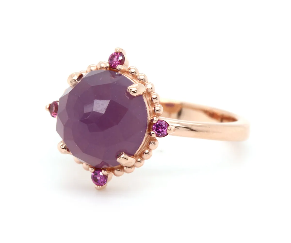 Beaded Halo Sage Chalcedony Garnet Rose Gold Ring