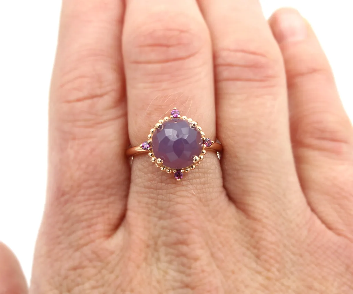 Beaded Halo Sage Chalcedony Garnet Rose Gold Ring