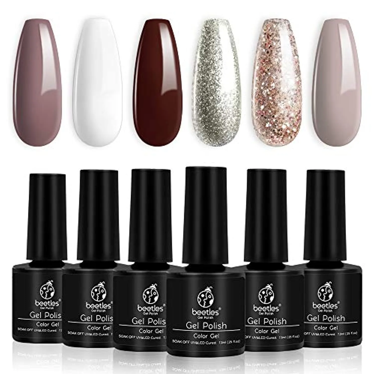 Beetles Holiday Gel Nail Polish Set - 6 Colors Burgundy Red Brown Champagne Gold Gel Polish Kit Snow White Nude Grey Valentine's Thanksgiving Gel Polish Gel Nail Manicure Kit DIY New Year Gift
