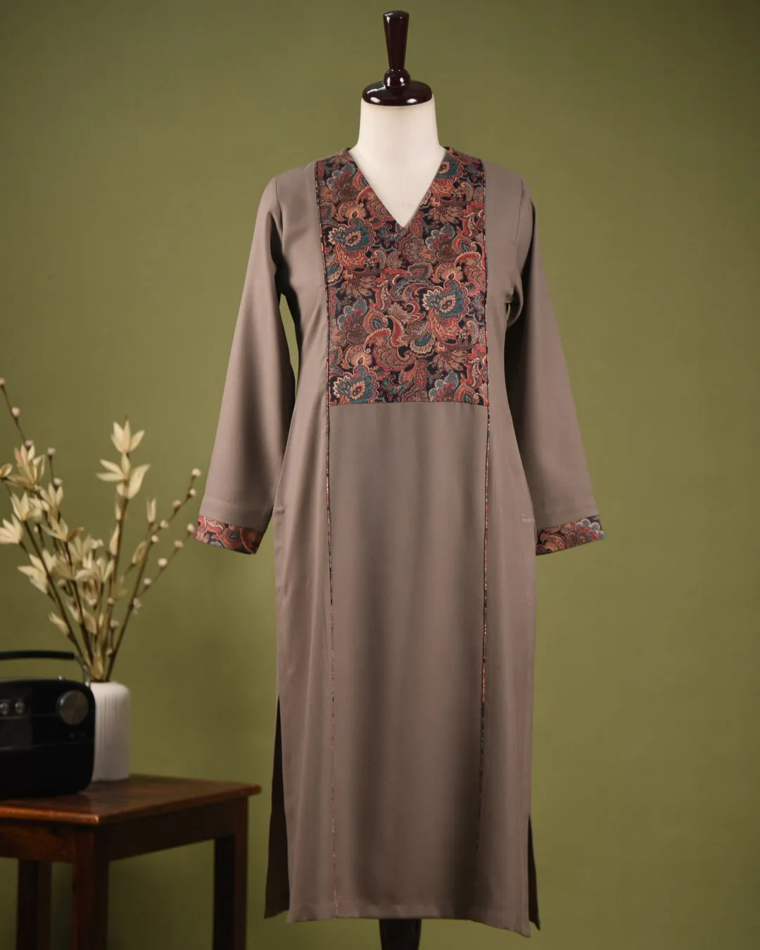 Beige Winter Wear Wool Spun Blend Ready To Wear Kurta With Pant