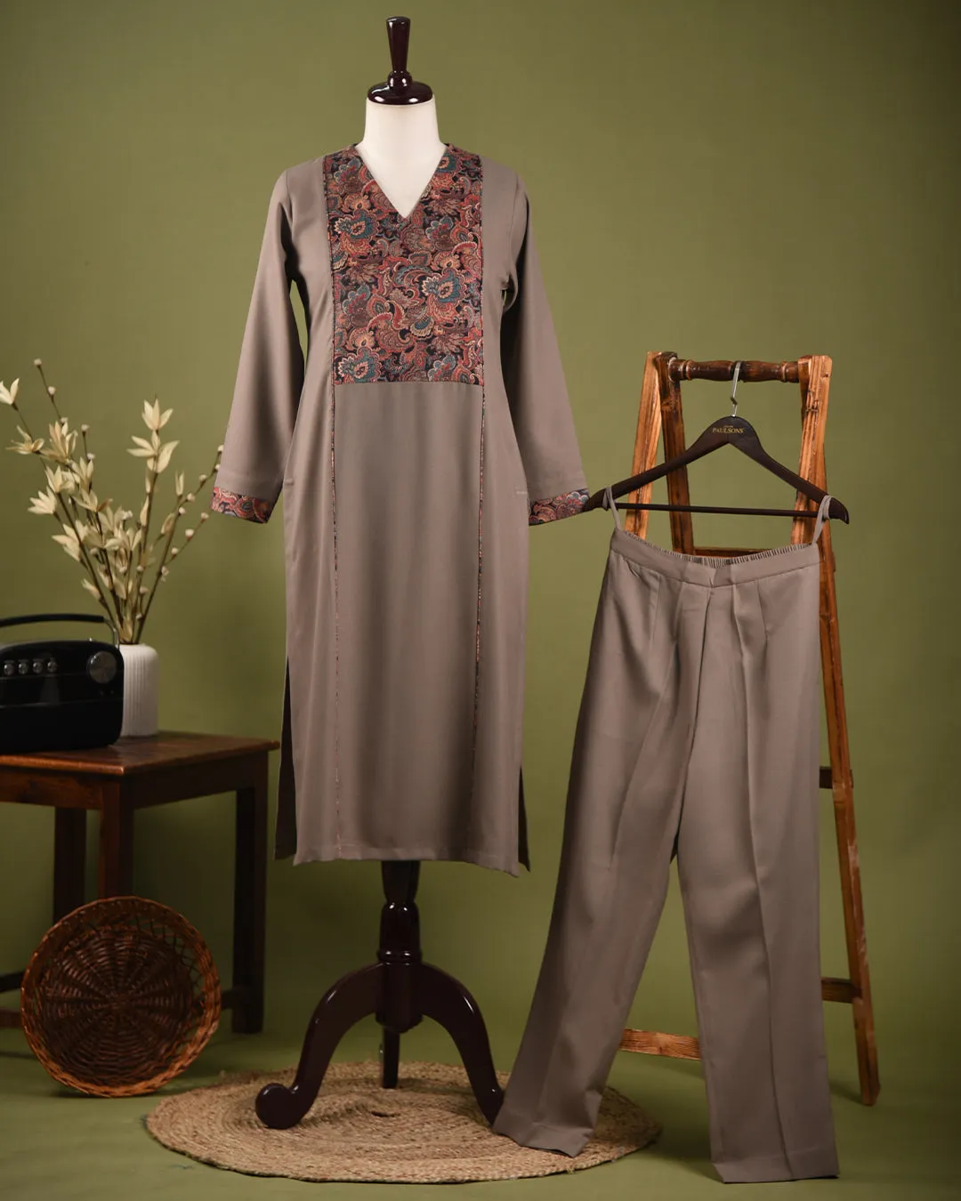 Beige Winter Wear Wool Spun Blend Ready To Wear Kurta With Pant