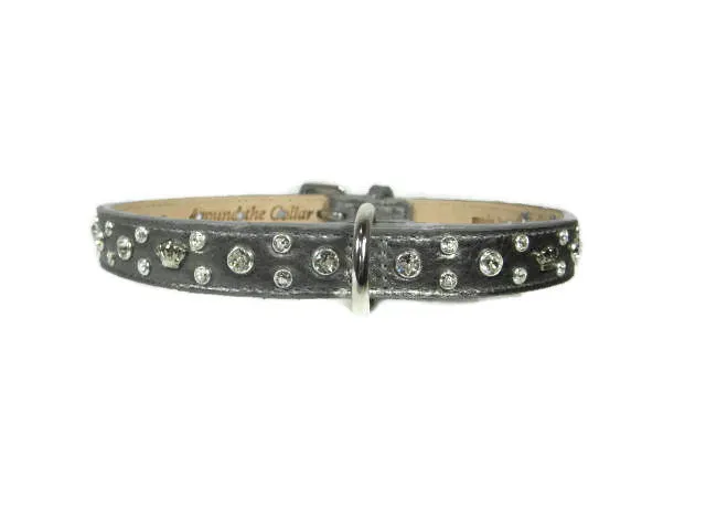 Bella Leather Dog Collar with Jewels and Crowns Cluster