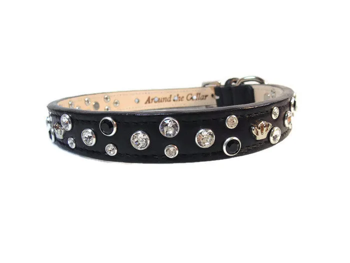 Bella Leather Dog Collar with Jewels and Crowns Cluster