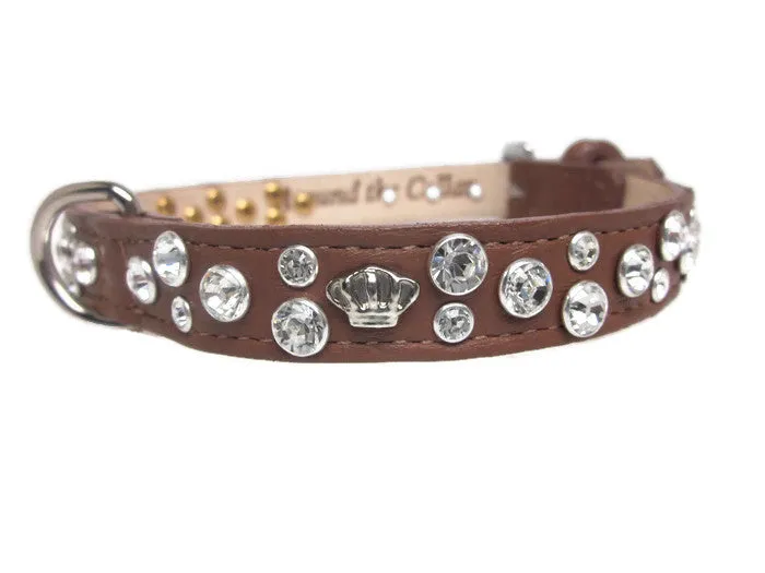 Bella Leather Dog Collar with Jewels and Crowns Cluster