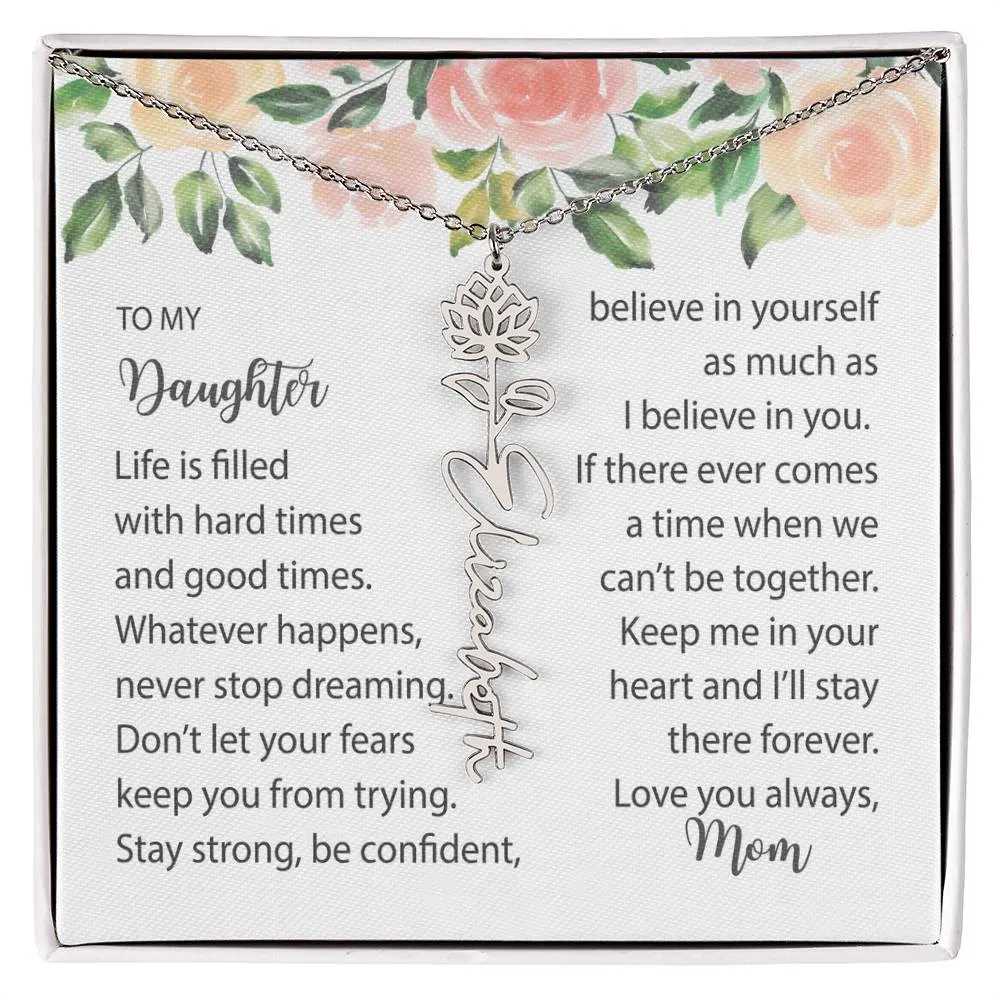 Birth Flower Necklace with Name Silver or Gold and Message Card Gift for Daughter From Mom, Mum or Dad - BMFNDaughter001