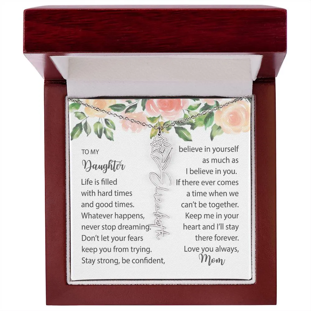 Birth Flower Necklace with Name Silver or Gold and Message Card Gift for Daughter From Mom, Mum or Dad - BMFNDaughter001