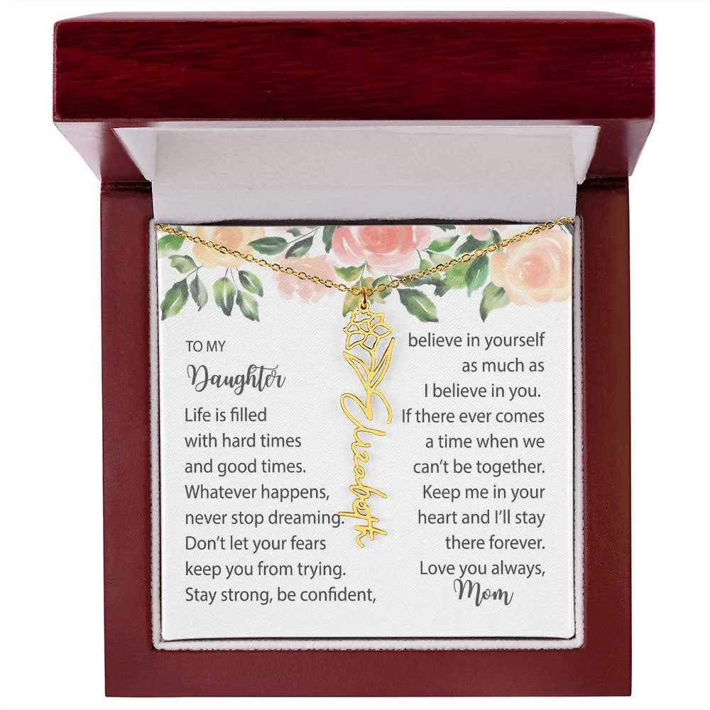 Birth Flower Necklace with Name Silver or Gold and Message Card Gift for Daughter From Mom, Mum or Dad - BMFNDaughter001