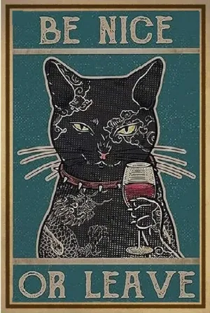 Black Cat - Drink Wine Be Nice or Leave - Create Your Own Art High Res Digital Download - Custom AI Print - Retro Vintage Style Print Poster