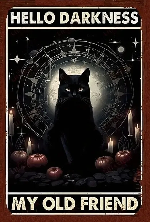 Black Cat Hello Darkness My Old Friend - Digital Download - AI Enhanced High Resolution - Custom Designed Retro Vintage Style DIY Wall Art