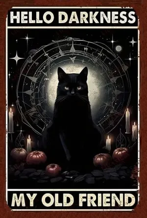 Black Cat Hello Darkness My Old Friend - Digital Download - AI Enhanced High Resolution - Custom Designed Retro Vintage Style DIY Wall Art