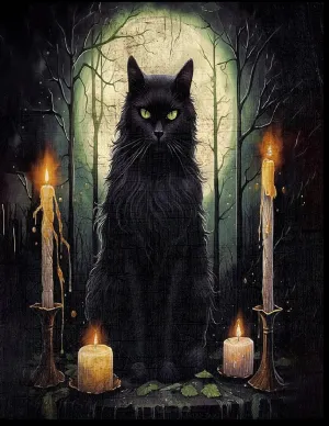 Black Cat With Candles Full Moon Wicca Art - AI Created Transparent Background High Res - Digital Download Cottage Core DIY Craft Supply