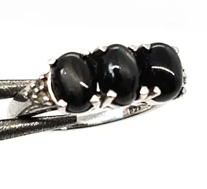 Black Cat's Eye and clear Quartz triple stone sterling silver ring size 7