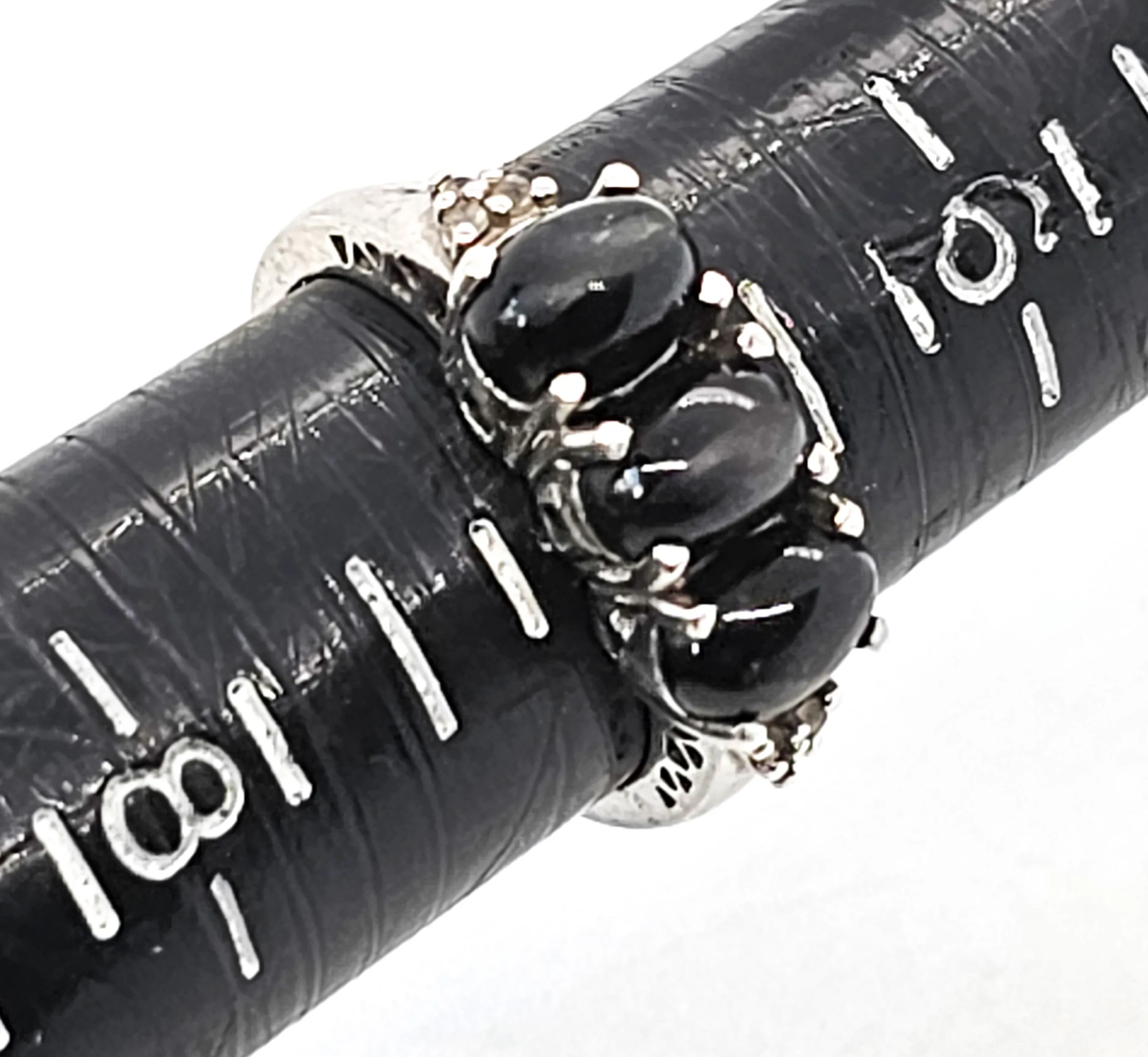 Black Cat's Eye and clear Quartz triple stone sterling silver ring size 7