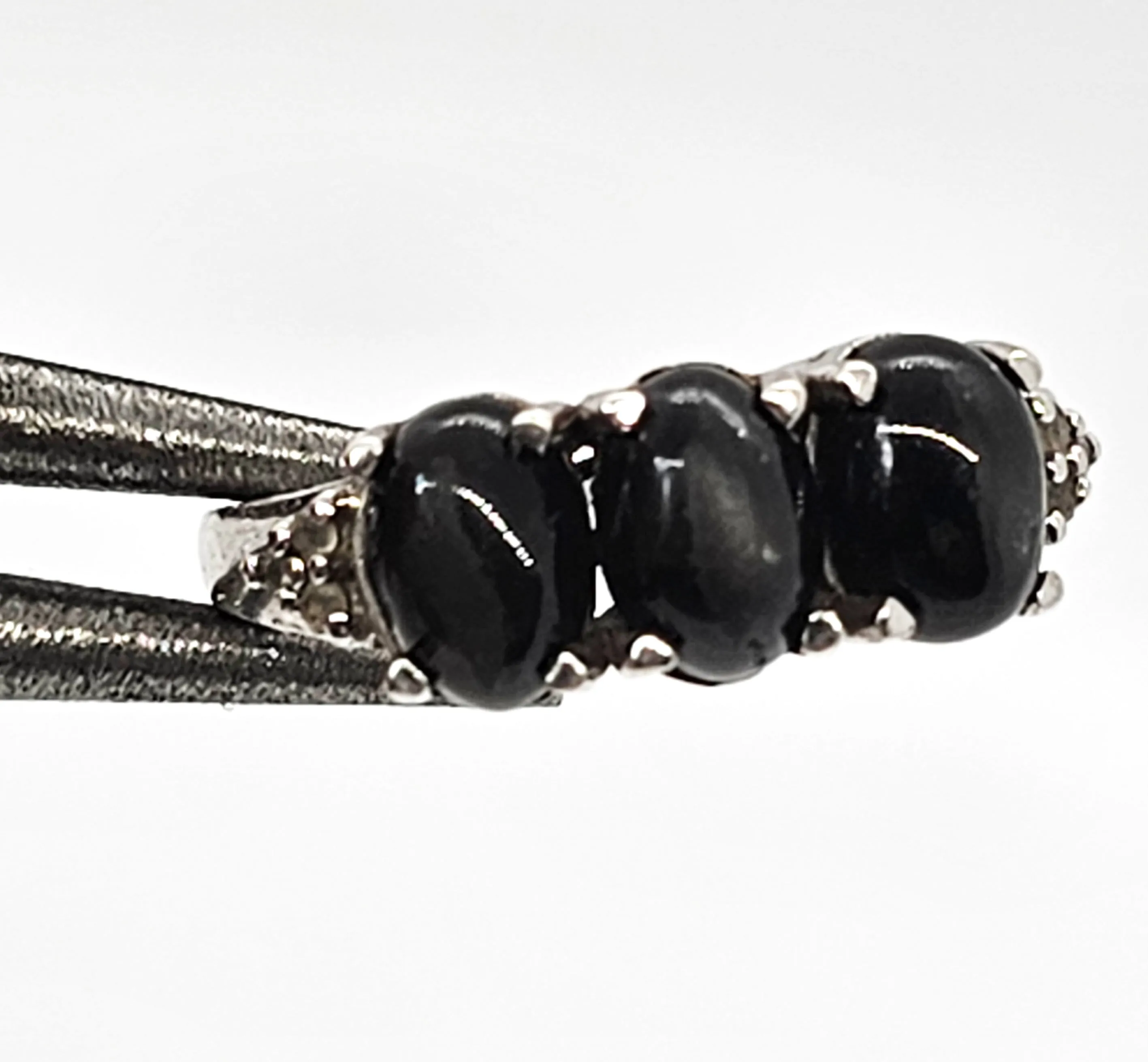 Black Cat's Eye and clear Quartz triple stone sterling silver ring size 7