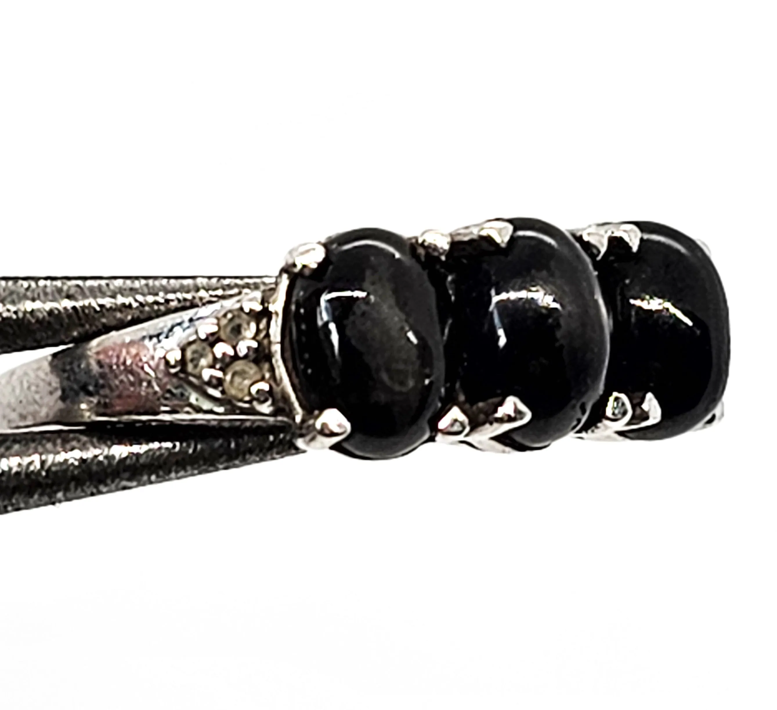 Black Cat's Eye and clear Quartz triple stone sterling silver ring size 7
