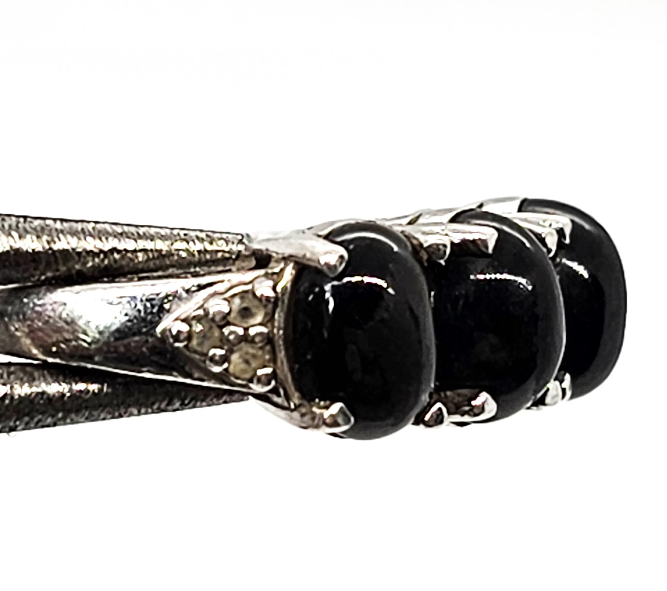 Black Cat's Eye and clear Quartz triple stone sterling silver ring size 7