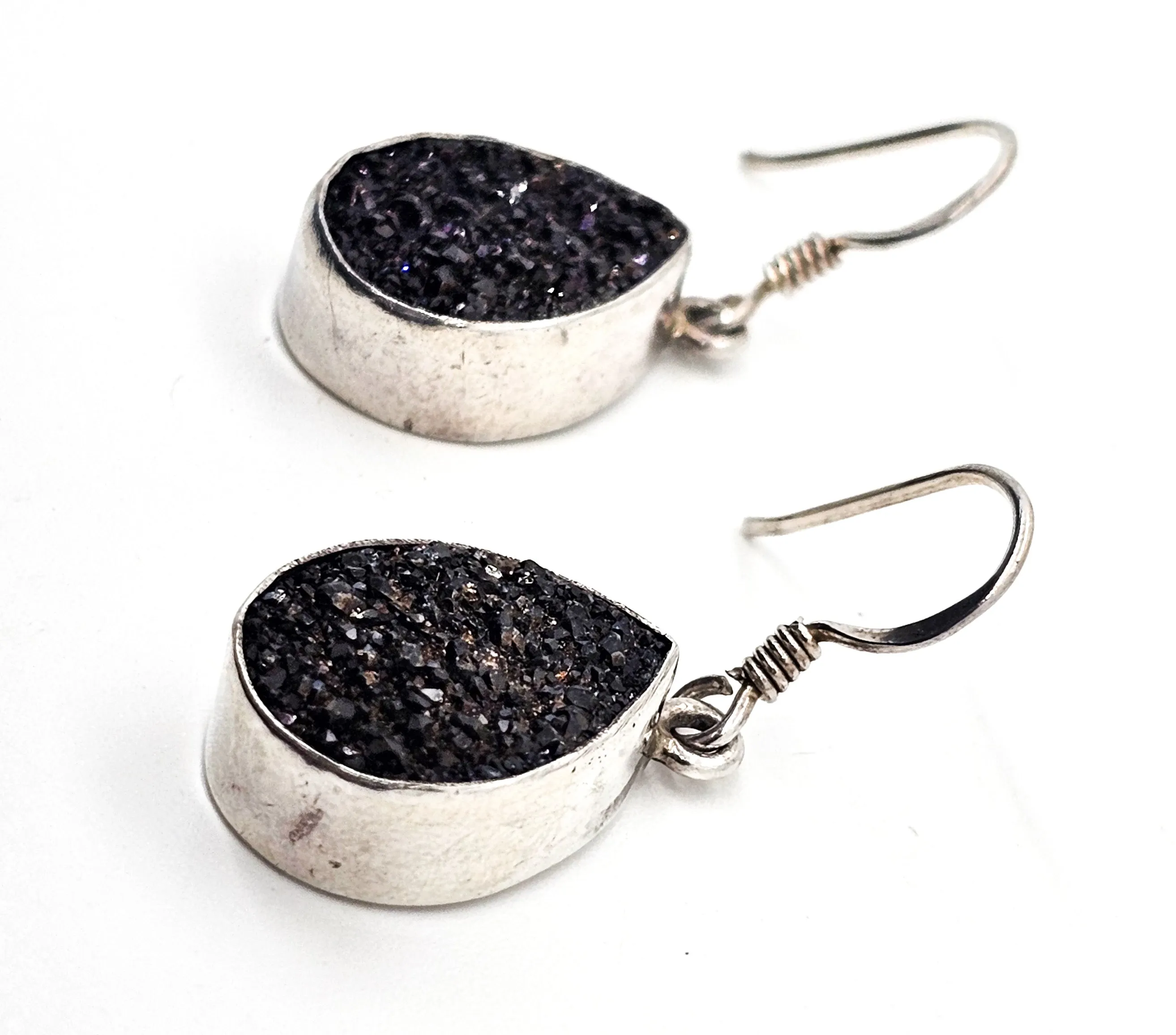 Black Druzy Chalcedony pear cut drop sterling silver earrings